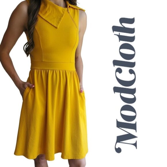 Modcloth Asymmetric Zipper Collar Mustard Yellow Dress Pockets XS - Picture 1 of 7
